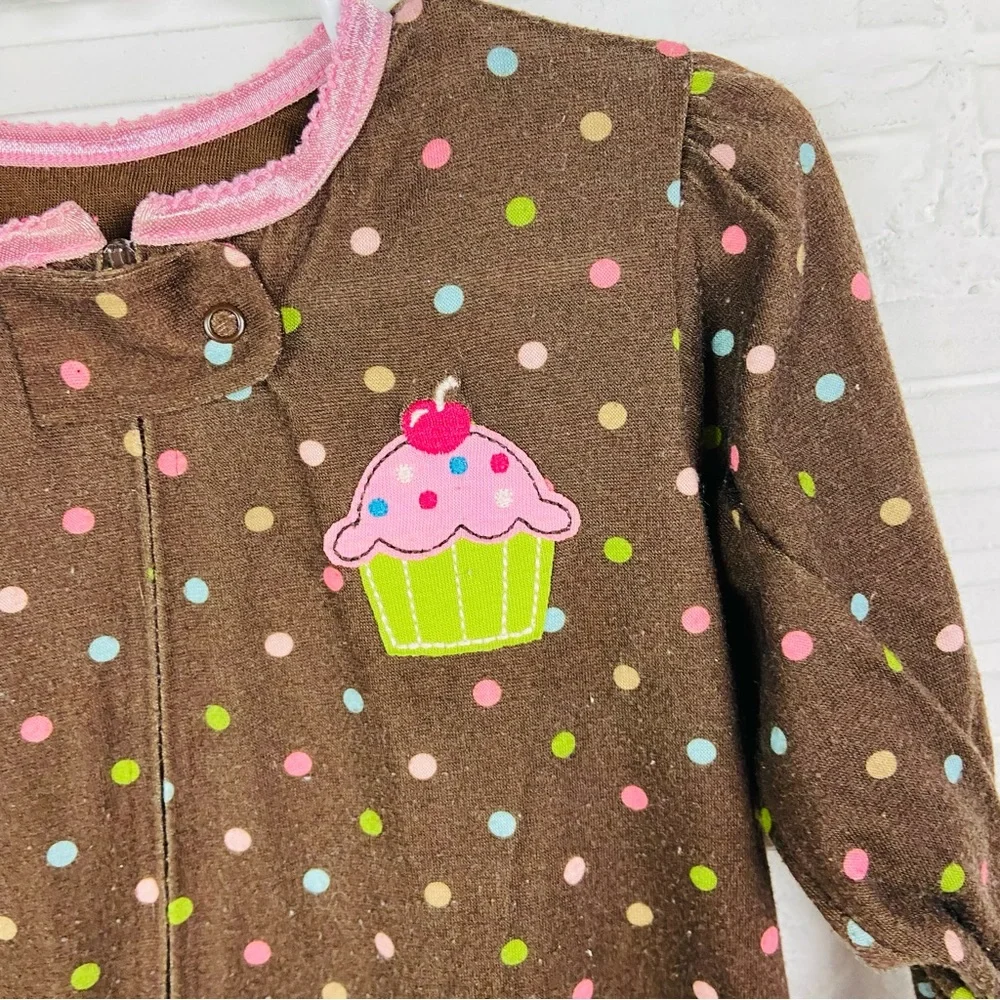 Carters Brown Polka Dot Kids One Piece footie pj with Cupcake Design size 18 M